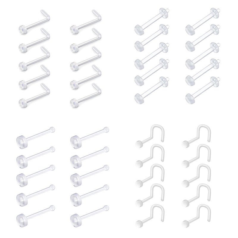 D.Bella 40pcs Clear Nose Rings, Flexible Acrylic Nose Stud Retainer, Nontoxic Plastic Ring - Image 1
